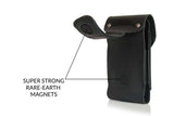 Magnetic leather strip attaches to pants, belts, straps. 